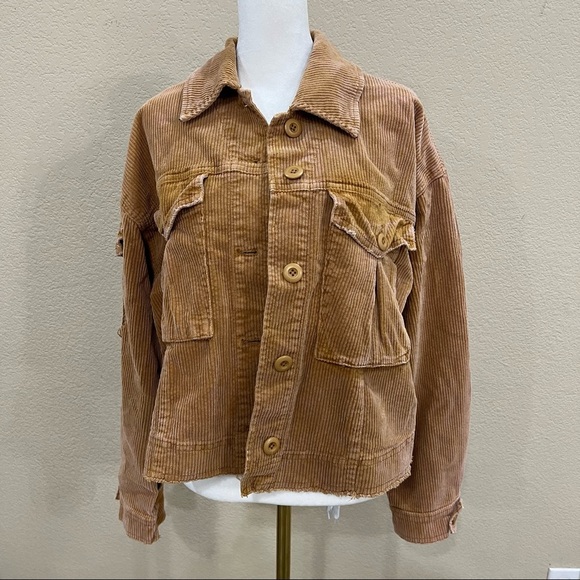 Free People Evelyn Corduroy Crop Boxy Jacket Cognac Sz S Boho Biker Grunge EUC - Picture 1 of 12